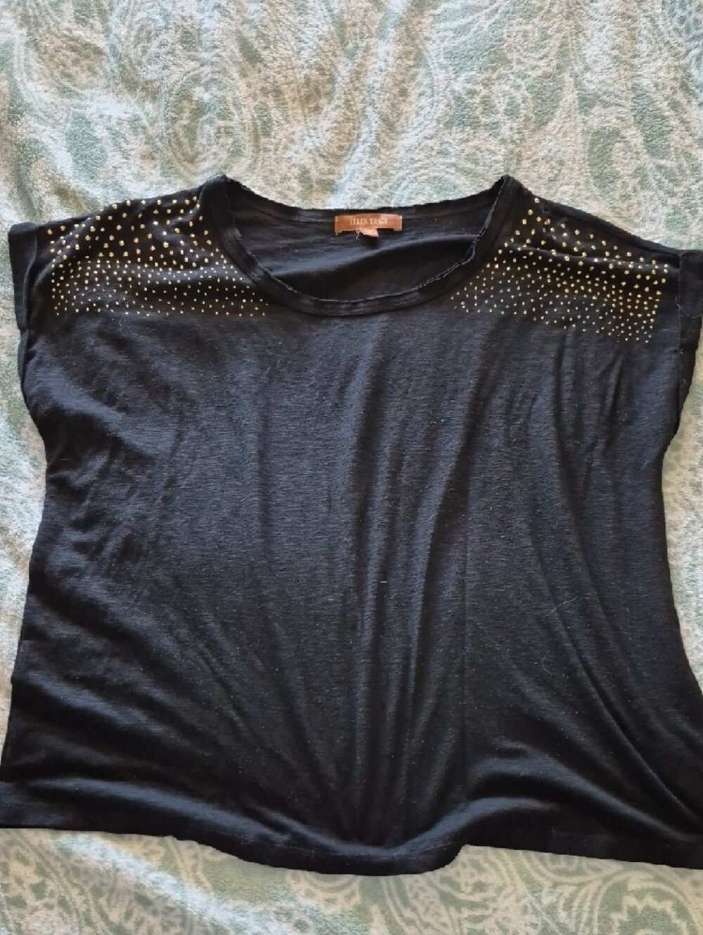 Ellen Tracy Black Short Sleeve Top with Gold Stud Accents - Picture 2 of 7